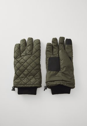 Mănuși verzi matlasate cu un design căptușit, având accente negre și manșete tricotate cu model în bucle. Închidere ajustabilă la încheieturi.