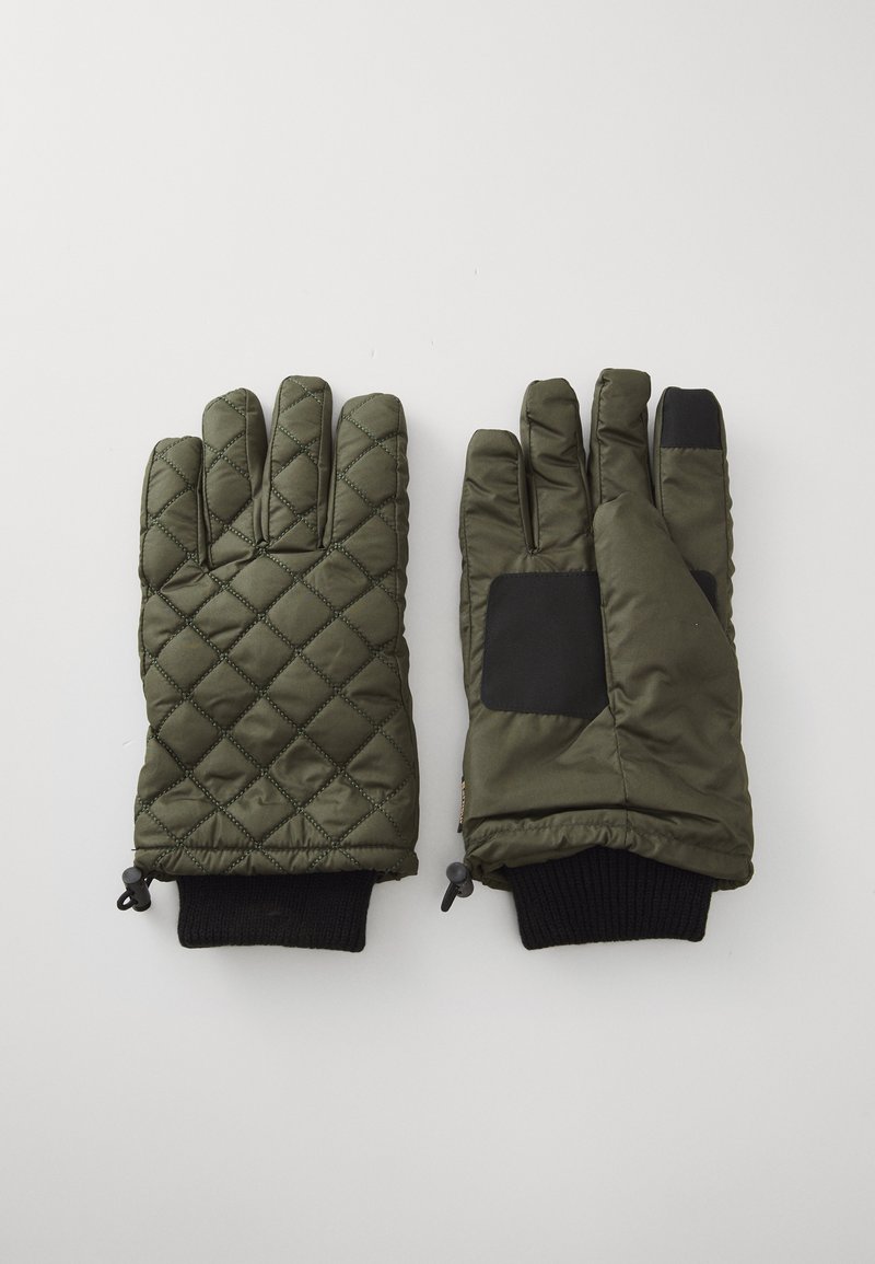 Mănuși verzi matlasate cu un design căptușit, având accente negre și manșete tricotate cu model în bucle. Închidere ajustabilă la încheieturi.