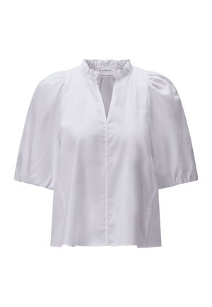 Weiße kurzärmelige Bluse mit aufgeplusterten Schultern, gerüschtem Rundhalsausschnitt und vorderem Schlitz, aus glattem Stoff gefertigt.