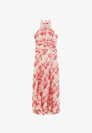 Sleeveless halter neck maxi dress with red abstract print on light pink fabric, featuring a front knot and layered flowing skirt.