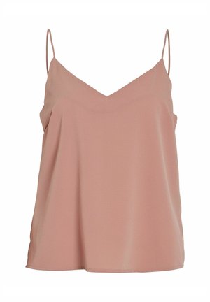 Bladoróżowa, bezrękawnikowa bluzka z dekoltem w serek, wykonana z lekkiego materiału, charakteryzująca się luźnym krojem oraz bezszwowymi brzegami dla gładkiego wyglądu.