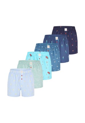 Boxershorts in verschiedenen Farben und Mustern, darunter Blau, Aqua, Grün und gestreifte Designs mit lustigen Drucken und elastischem Bund.