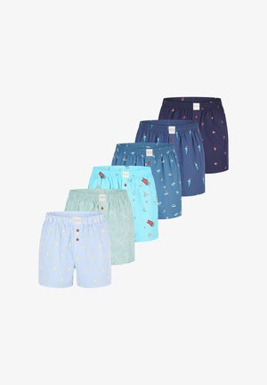 Boxershorts in verschiedenen Farben und Mustern, darunter Blau, Aqua, Grün und gestreifte Designs mit lustigen Drucken und elastischem Bund.