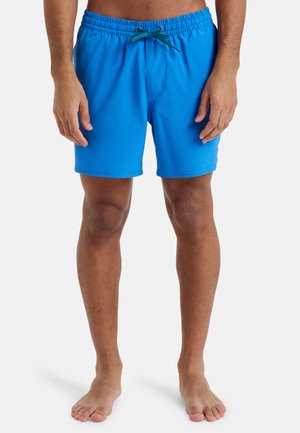 Blaue Schwimmshorts mit einem elastischen Bund und kontrastierendem grünen Kordelzug. Glattes Material, knielanges Design, keine sichtbaren Muster oder Akzente.