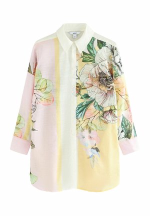 Ilgomis rankovėmis mygtukinė marškiniai su gėlių raštu pasteliniu rožiniu, geltonu ir žaliu, tekstūruota medžiaga ir kontrastingomis juostelėmis.