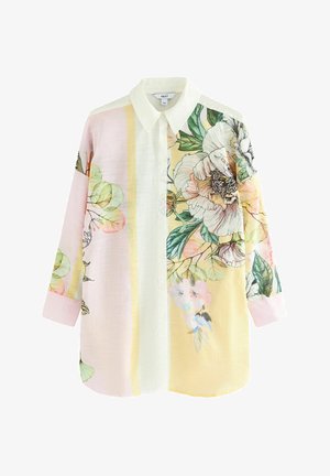 Ilgomis rankovėmis mygtukinė marškiniai su gėlių raštu pasteliniu rožiniu, geltonu ir žaliu, tekstūruota medžiaga ir kontrastingomis juostelėmis.