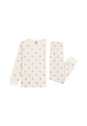 Set de pijama crem cu mâneci lungi și pantaloni cu talie elastică, având un model de inimi mici gri pe un material moale.