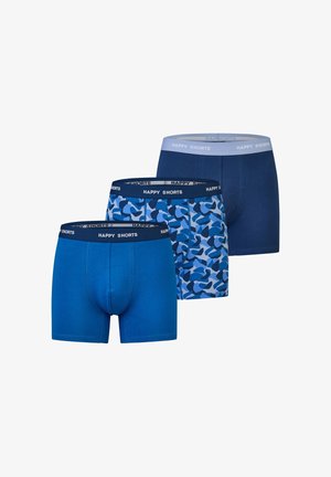 Three pairs of boxers featuring a solid blue, navy blue, and a blue camouflage pattern, all with an elastic waistband labeled "HAPPY SHORTS."