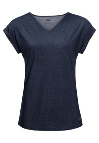 Mörkblå, kortärmad V-ringad t-shirt i mjukt bomullsblandat tyg. Den har en avslappnad passform och en diskret logotyp vid fållen.