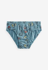 Briefs da nuoto blu con un motivo giocoso di cani da cartone, in vari colori e con testo. Realizzati in tessuto elastico e leggero.
