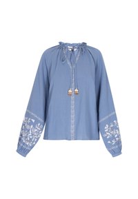 Blusa blu a maniche lunghe con scollo arricciato, legatura regolabile e ricamo floreale bianco sulle maniche. Tessuto morbido e strutturato.
