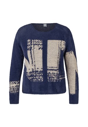 Navy blue fuzzy sweater with beige abstract block patterns on front and sleeves, long sleeves, and round neckline.
