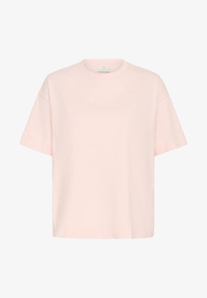 Svijetlo ružičasta majica od mekog materijala, s okruglim izrezom i kratkim, širokim rukavima. Simple dizajn bez vidljivih uzoraka ili naglasaka.