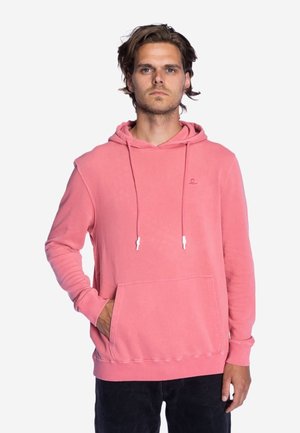 Pink hooded sweatshirt made of soft fabric, featuring a kangaroo pocket, drawstrings, and a small logo on the chest.