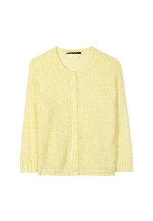 Soft yellow knitted cardigan with round neckline, long sleeves, and front button closure.