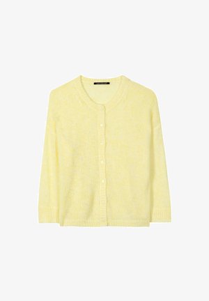 Soft yellow knitted cardigan with round neckline, long sleeves, and front button closure.