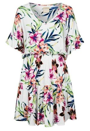 Robe blanche à manches courtes avec taille élastique, présentant un motif floral tropical coloré en rose, vert et bleu foncé.