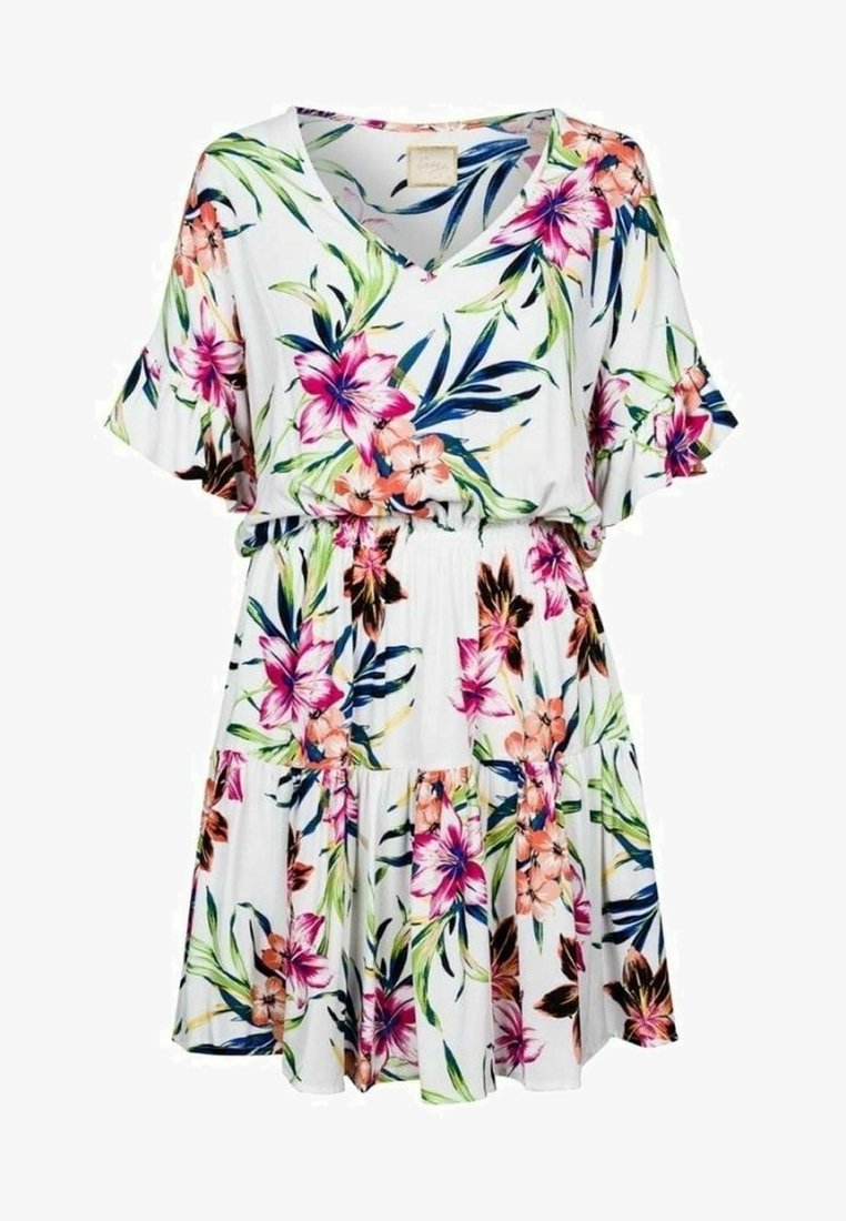 Robe blanche à manches courtes avec taille élastique, présentant un motif floral tropical coloré en rose, vert et bleu foncé.