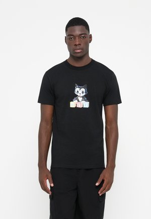 Black cotton t-shirt featuring a cartoon cat with blue accents and colorful block letters spelling "HUF" below. Short sleeves and round neckline.