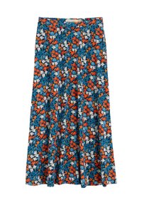 Mėlynas gėlių sijonas su oranžiniais, baltais ir mėlynais raštais. A formos, kelių ilgio, su platėjančiu apvadu ir glotnia tekstūra.