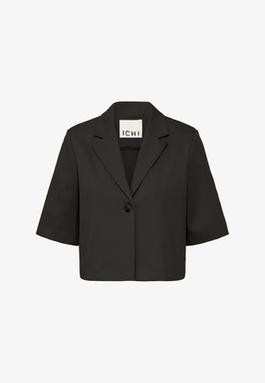 Blazer nero corto con maniche corte, colletto a punta e chiusura con un solo bottone. Realizzato in tessuto liscio e leggero.