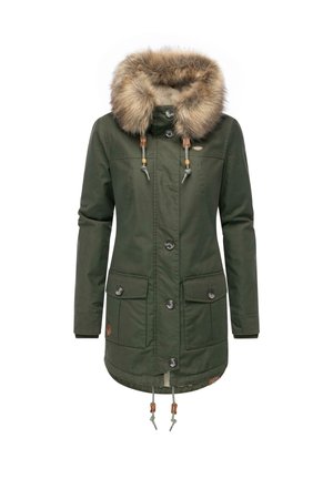 Grøn parka-jakke med en faux fur- hætte, der har knaplukninger, snoretræk i taljen og to forlommer. Struktureret stof med en glat finish.