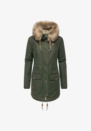 Vihreä parka-takki, jossa on tekoturkishuppu, napitus, nyörivyötärö ja kaksi etutaskua. Kankaan pinta on teksturoitu, mutta viimeistely on sileä.