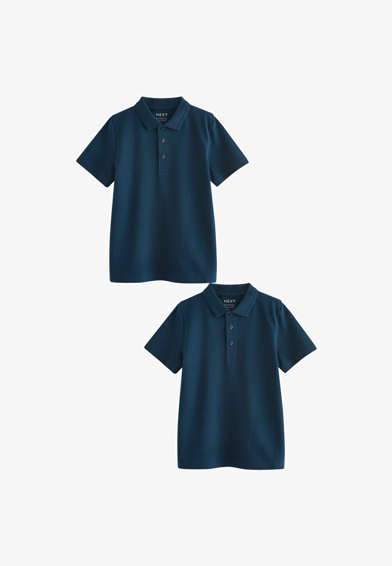 Deux polos bleu marine en coton lisse, dotés d'un col, d'une patte de boutonnage à trois boutons et de manches courtes.