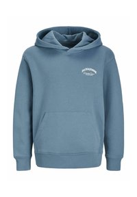 Felpa blu realizzata in tessuto misto cotone, con tasca a marsupio, polsini e orlo a costine, e logo stampato bianco sul petto.