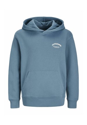 Sininen huppari, joka on valmistettu puuvillasekoitekankaasta. Siinä on kengurupussi, ribbausta hihansuissa ja helmassa sekä valkoinen painettu logo rinnassa.