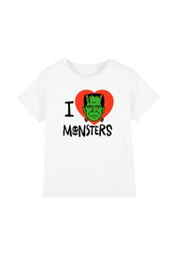 Weißes Baumwoll-T-Shirt mit grünem Frankenstein-Gesicht, rotem Herz und schwarzem Text mit der Aufschrift "I LOVE MONSTERS". Einfaches Design.