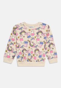 Maglietta beige per bambini a maniche lunghe con maialini colorati in stile cartone animato, arcobaleni, fiori, cuori e la parola "LOVE" stampata su tutta la superficie.