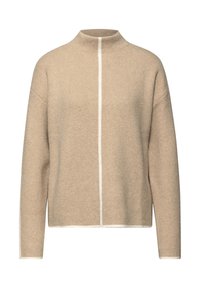 Beżowy sweter z wysokim kołnierzem, z kontrastowym białym stębnowaniem na środku. Miękka tekstura i lekko luźny krój.