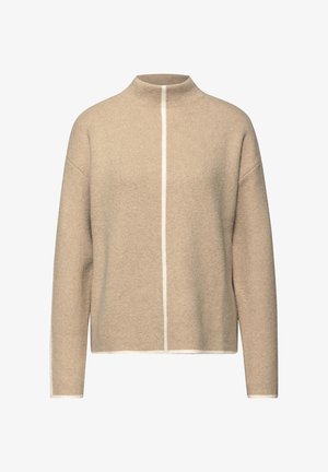 Suéter beige con un alto cuello, que presenta una costura blanca en contraste en el centro. Textura suave y ajuste ligeramente oversize.