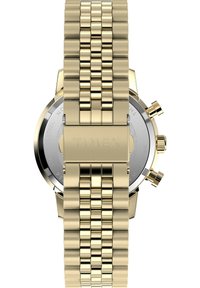 Montre en acier inoxydable doré avec un bracelet en maillons métalliques, boîtier rond, cadran argenté et trois sous-cadrans. Dotée d'un fermoir avec "TIMEX" gravé.