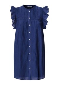 Marineblaue Kleid mit kurzen Rüschensäumen, Knopfverschluss vorne und strukturiertem Stoff, der smockierte Details entlang des Oberteils aufweist.
