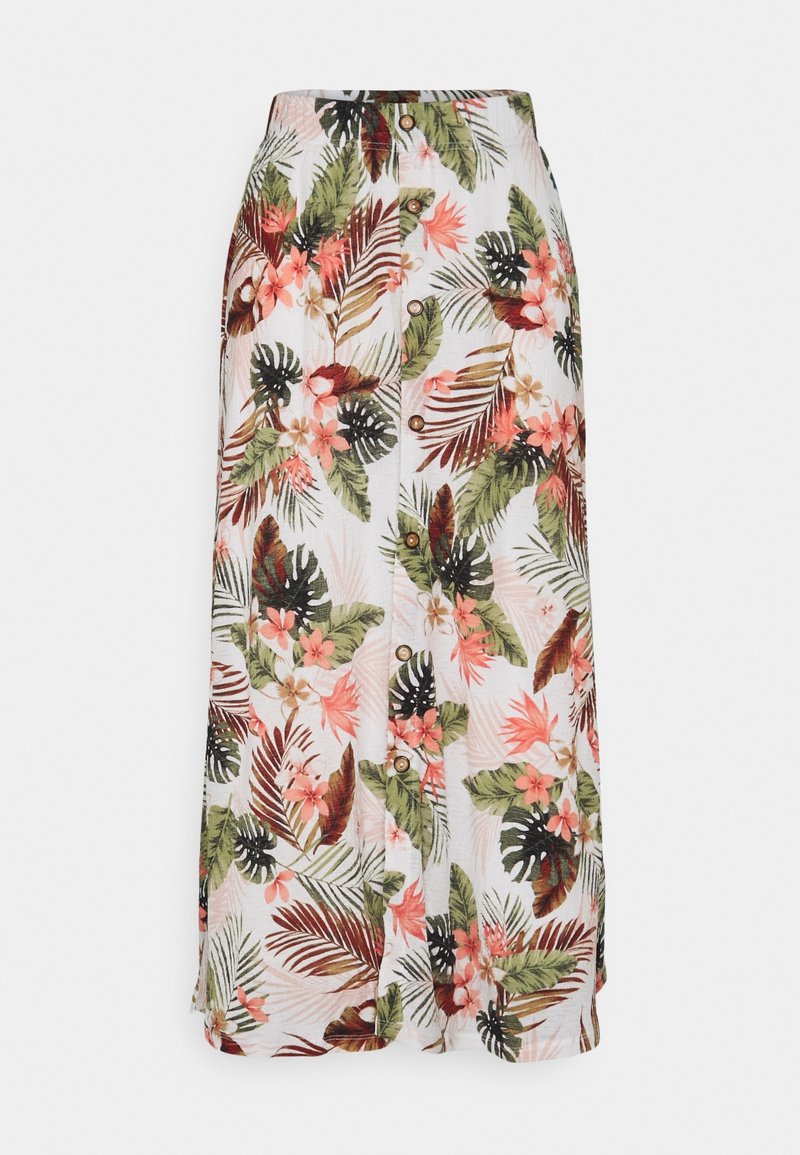 Floraler Midirock mit weißem Hintergrund, grünen und rosa tropischen Blättern, Knöpfen vorne und einer lockeren Passform.