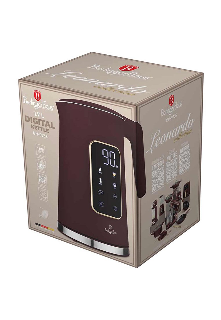 Digitaler Wasserkocher mit einem Fassungsvermögen von 1,7 L in tiefem kastanienbraun mit Edelstahlakzenten. Verfügt über ein digitales Display mit Temperatureinstellungen und einer automatischen Abschaltfunktion.