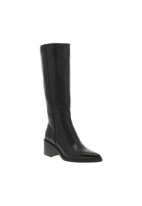 Bottes noires montantes en cuir lisse, avec un bout pointu et un talon carré, dotées d'une semelle texturée pour une meilleure adhérence.