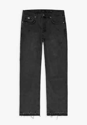 Μαύρα τζιν παντελόνια με ίσια γραμμή, που διαθέτουν φθαρμένο στρίφωμα, πέντε τσέπες και λεπτομέρειες αντίθετης ραφής.