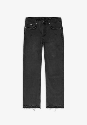 Svarte denim jeans med rett passform, med frynset kant, fem lommer og kontraststingdetaljer.