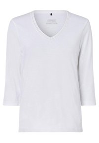 Witte biologische katoen V-hals top met 3/4 mouwen, voorzien van een subtiele decoratieve stiksel rond de halslijn en een rechte zoom.