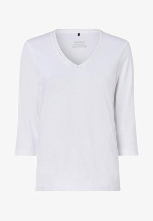 Witte biologische katoen V-hals top met 3/4 mouwen, voorzien van een subtiele decoratieve stiksel rond de halslijn en een rechte zoom.