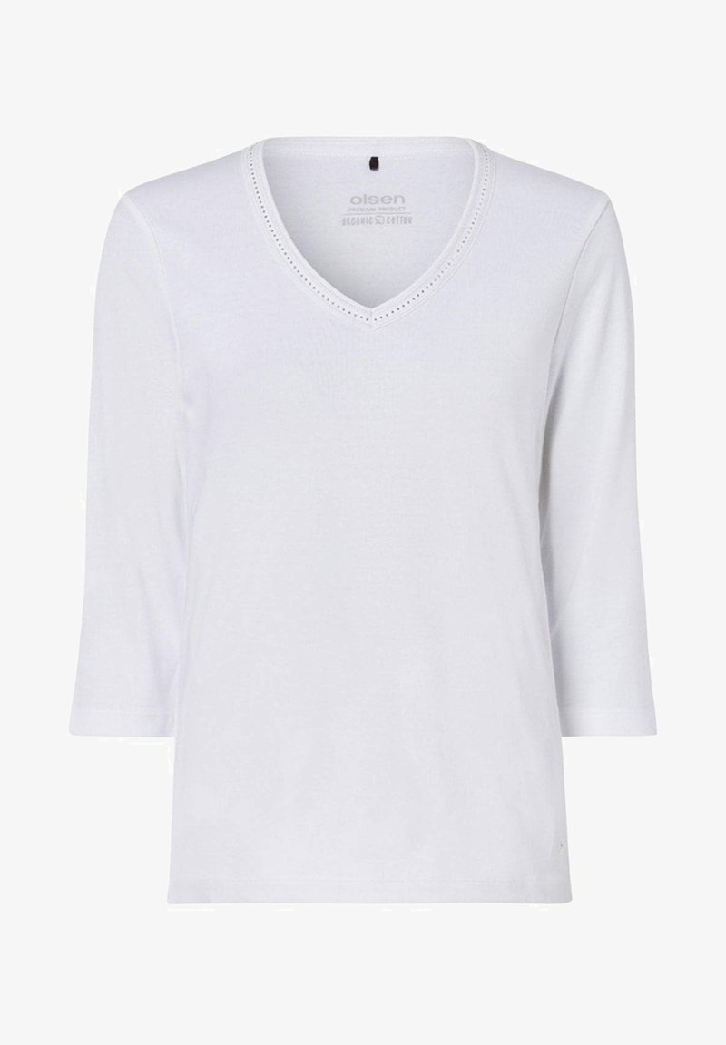 Witte biologische katoen V-hals top met 3/4 mouwen, voorzien van een subtiele decoratieve stiksel rond de halslijn en een rechte zoom.