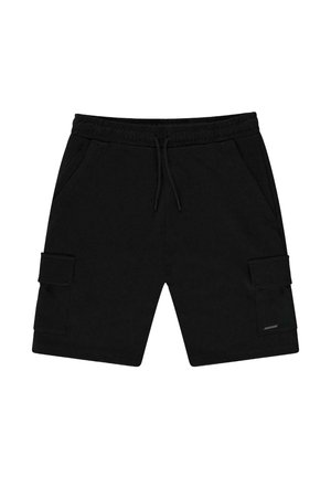 Zwarte cargoshorts gemaakt van zachte stof, met een elastische tailleband, trekkoord, zijzakken en een enkele cargozak op de dij.