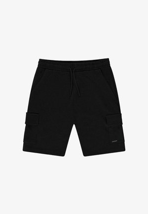 Zwarte cargoshorts gemaakt van zachte stof, met een elastische tailleband, trekkoord, zijzakken en een enkele cargozak op de dij.
