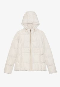 Veste en duvet beige clair avec une capuche, une fermeture éclair pleine longueur et un design matelassé horizontal. Texture douce et lisse avec des accents en métal doré.