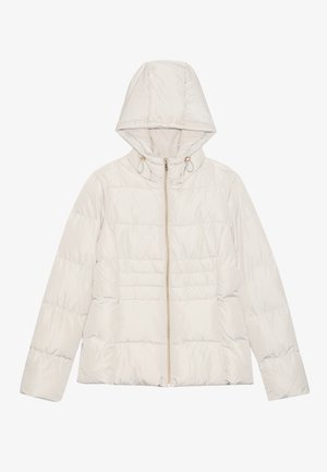 Lys beige pufferjakke med hette, hel glidelås og horisontalt quiltet design. Myk, glatt tekstur med hardware i gulltone.