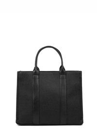 Borsa tote in pelle nera con una finitura testurizzata, dotata di due manici robusti e dettagli in pelle liscia contrastante sui lati.