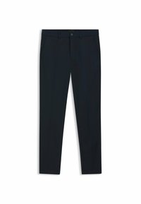 Marineblaue, taillierte Hose aus glattem Stoff; verfügt über Vordertaschen, Gürtelschlaufen und einen Knopfverschluss. Gerades Bein Design.